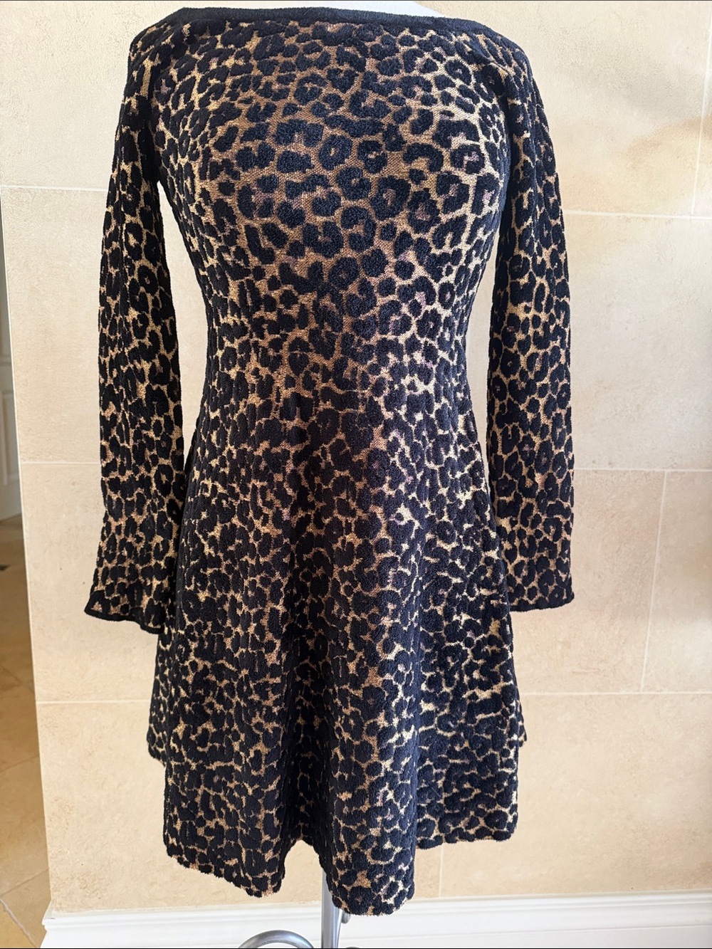 Ronny Kobo Collection Off-Shoulder Leopard Knit Dress in Black and Tan